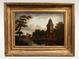 peinture représentant un paysage avec une église et une rivière au premier plan