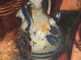 a painting of a woman holding an apple next to a basket of apples
