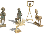 five figurines of different shapes and sizes on a white surface