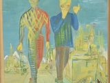 a painting of a man and a woman walking down the street