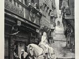 drawing of a woman riding a horse down a cobblestone street