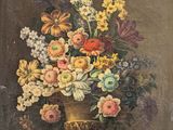 tableau représentant un vase de fleurs posé sur une table, avec un papillon