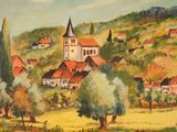 painting of a village on a hill with a church in the distance