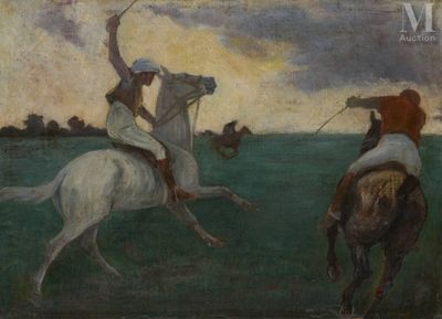 un tableau représentant deux personnes à cheval dans un champ