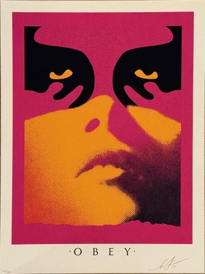 an image of a close up of a poster with a person ' s face