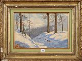 une peinture d'un paysage enneigé avec des arbres au premier plan
