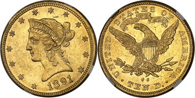 a gold coin with an eagle on the front and a woman ' s head on the back