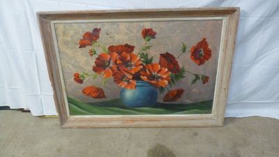 a picture of a painting of flowers in a blue vase
