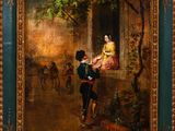 a painting of a man and a woman sitting on a window sill