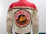 the back of a white jacket with a red and black logo on it