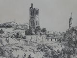 a black and white drawing of a castle on a hill