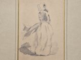 un vieux dessin représentant une femme en robe blanche, coiffée d'un chapeau