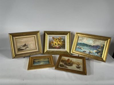five framed pictures of boats and sunflowers on a table