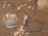 drawing of a man sitting on a chair with a ball and a vase