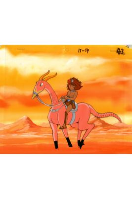 une image représentant un cheval de dessin animé avec un homme à dos