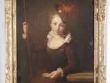 tableau représentant une femme vêtue d'une robe marron ornée d'une plume rouge