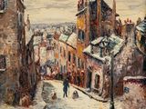 une peinture à l'huile représentant une scène de rue avec une personne marchant dans la rue