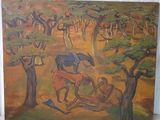 une peinture représentant un homme à cheval dans un champ