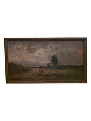 une peinture à l'huile représentant un paysage avec du bétail paissant dans un champ