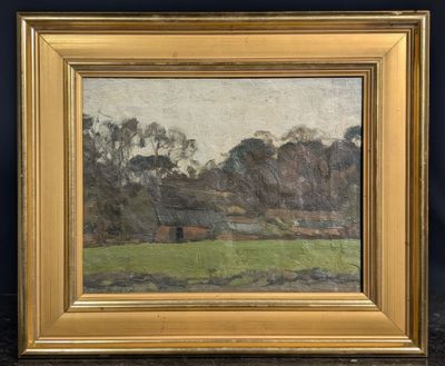 une peinture à l'huile d'un champ avec des arbres en arrière-plan