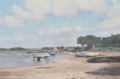 a painting of boats on the shore of a beach