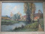 peinture d'un paysage avec une rivière et des arbres au premier plan