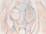 drawing of a woman with long hair wearing a mask and a bow tie
