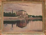 une peinture à l'huile représentant un bâtiment au bord d'un lac, avec le ciel en arrière-plan