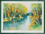 an image of a painting of a river with trees in the background