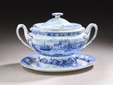 blue and white soup bowl and saucer on a plate with a lid