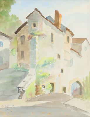 a watercolor painting of a building on a hill