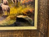 a painting of a group of sheep grazing in a field