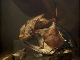 a painting of two dogs and a dead bird on a table