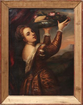 tableau représentant une femme tenant un panier de fruits à la main