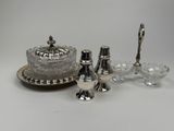 silver plated salt and pepper shaker set with glass bowl and spoon