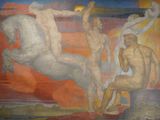 a painting on the wall of a building that has a painting of a man on a horse and a man on a horse