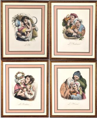 four framed pictures of a woman holding a baby and a child