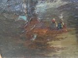 a painting of a man and a woman in a boat on the water