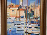 an oil painting of boats in a harbor with a church in the background