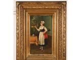 a painting of a woman holding a bird in her hand