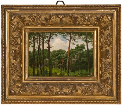 un tableau représentant des arbres dans une forêt, avec le ciel en arrière-plan