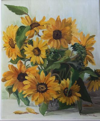 une peinture de tournesols dans un vase sur une table