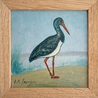 un tableau représentant un oiseau posé sur la plage