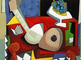une image représentant une peinture sur laquelle figurent une guitare et une bouteille de vin