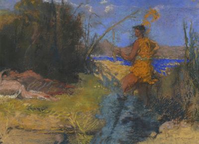 une peinture à l'huile représentant un homme vêtu d'une robe jaune, assis dans un champ