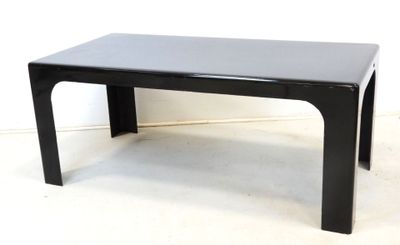 a black coffee table with a black top on a white floor