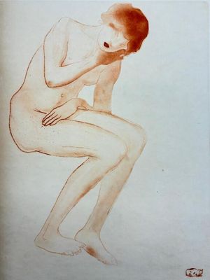 tableau représentant un homme nu assis sur un tabouret, la tête entre les mains