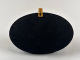a close up of a black purse on a white surface