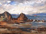 une peinture à l'huile représentant une plage rocheuse avec des voiliers au loin