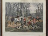 tableau représentant un groupe d'hommes à cheval accompagnés de chiens dans une zone boisée